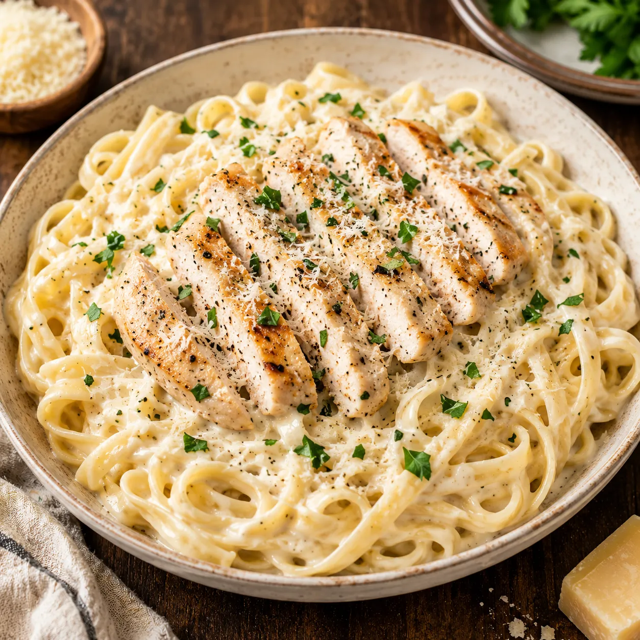 A bowl of fettuccine Alfredo topped with sliced chicken breast, Parmesan and parsley