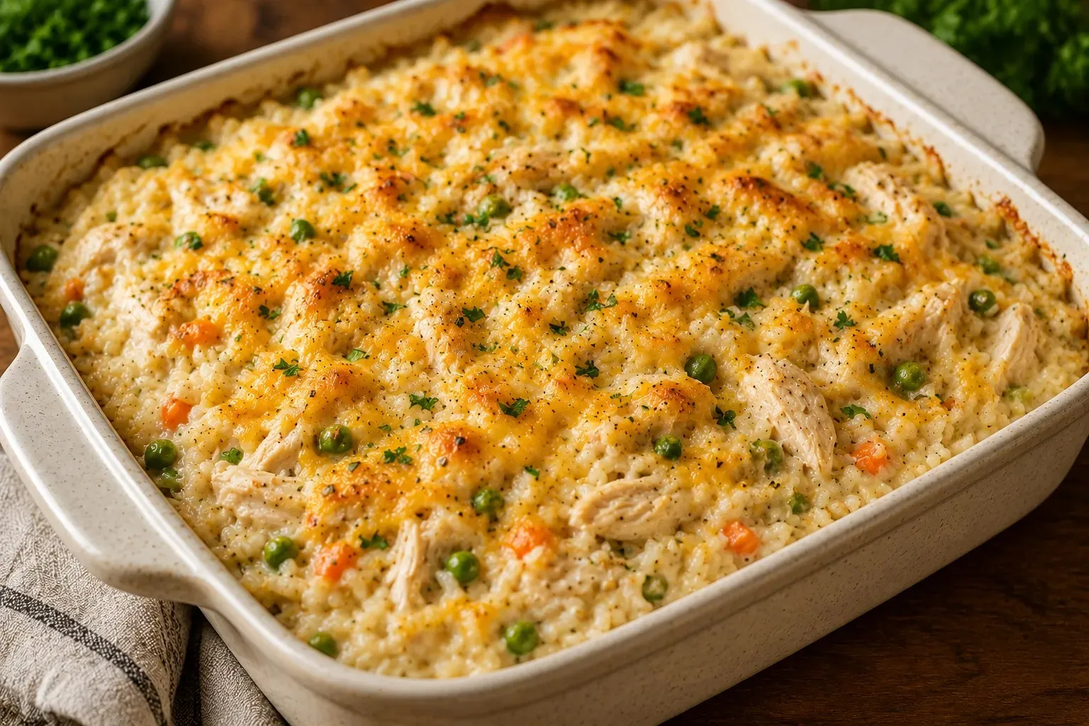 A bowl of chicken fried rice with peas, carrots, egg and green onion