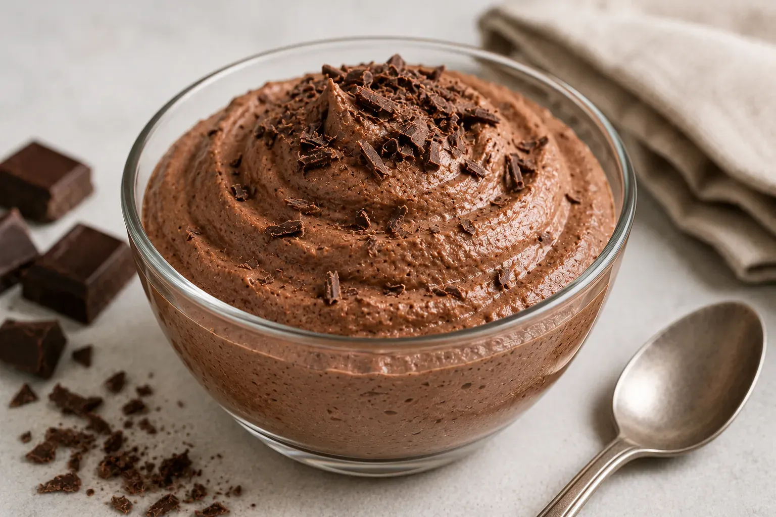 A glass bowl of chocolate mousse topped with grated chocolate, with chocolate pieces alongside