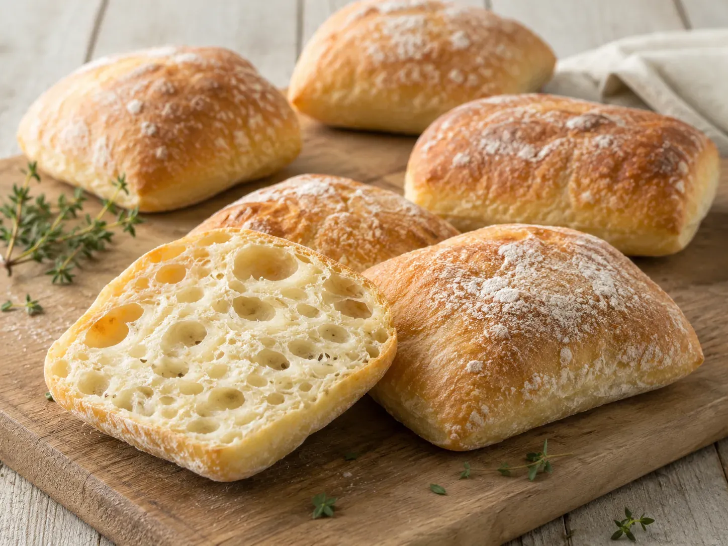 Floury ciabatta rolls on a wooden board, one cut open to show a very open crumb