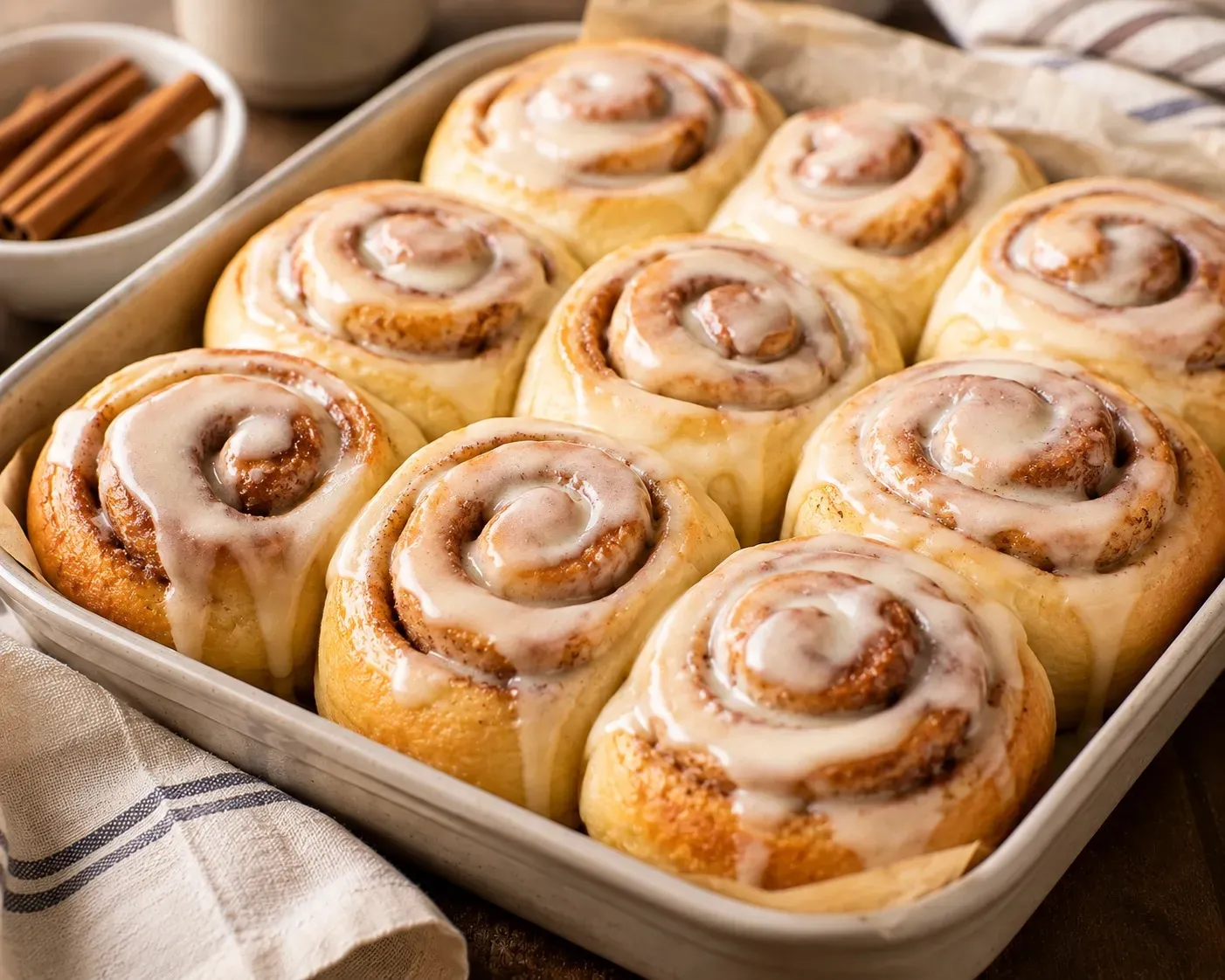 A pan of homemade cinnamon rolls with vanilla glaze