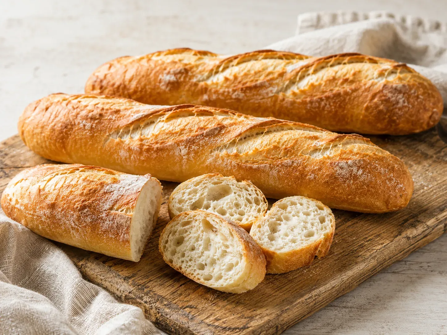 Two scored French baguettes on a wooden board with cut slices showing an open crumb