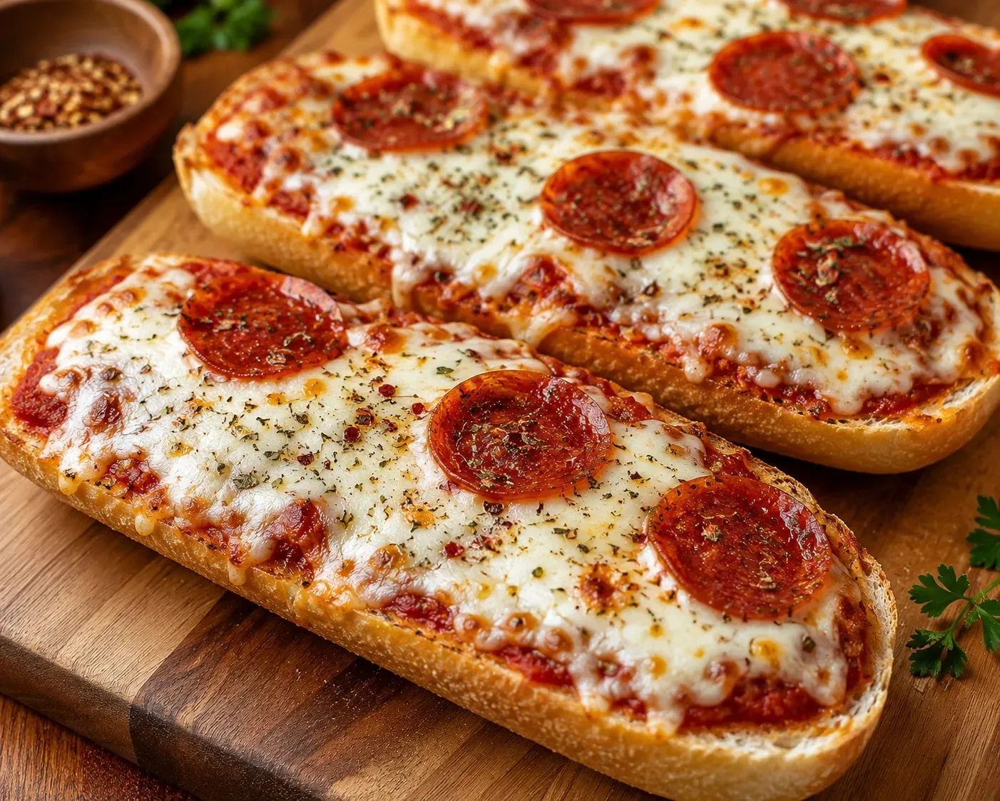 French bread pizzas topped with melted mozzarella and pepperoni on a board