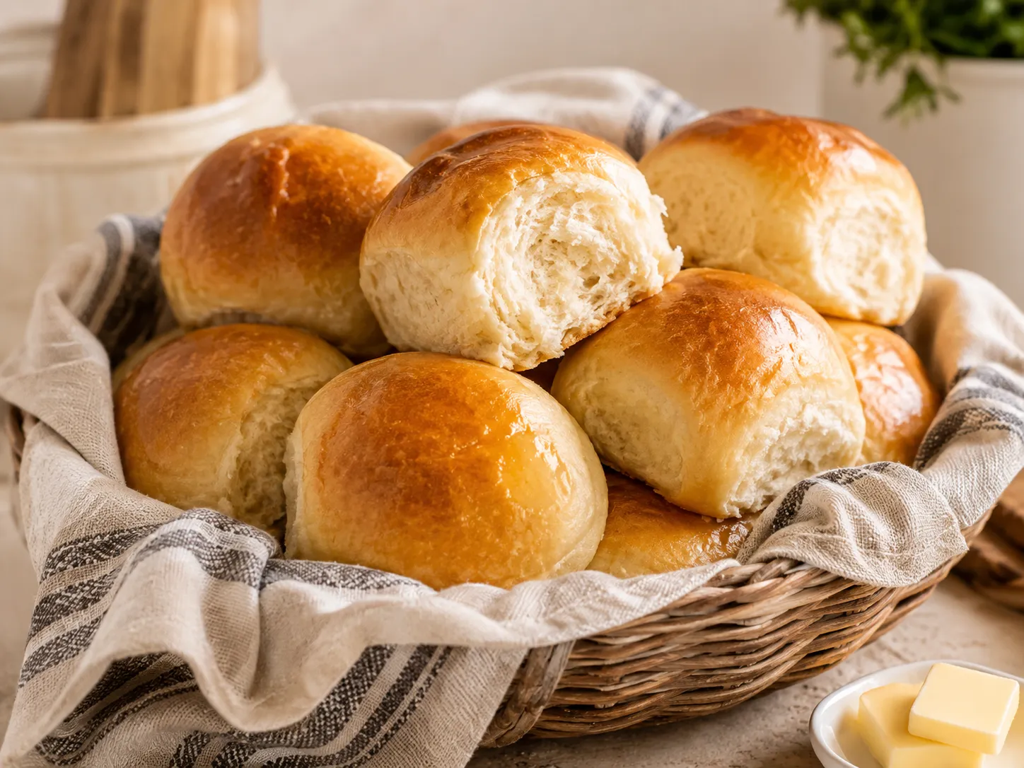 A basket of soft golden dinner rolls lined with a striped cloth, with butter alongside