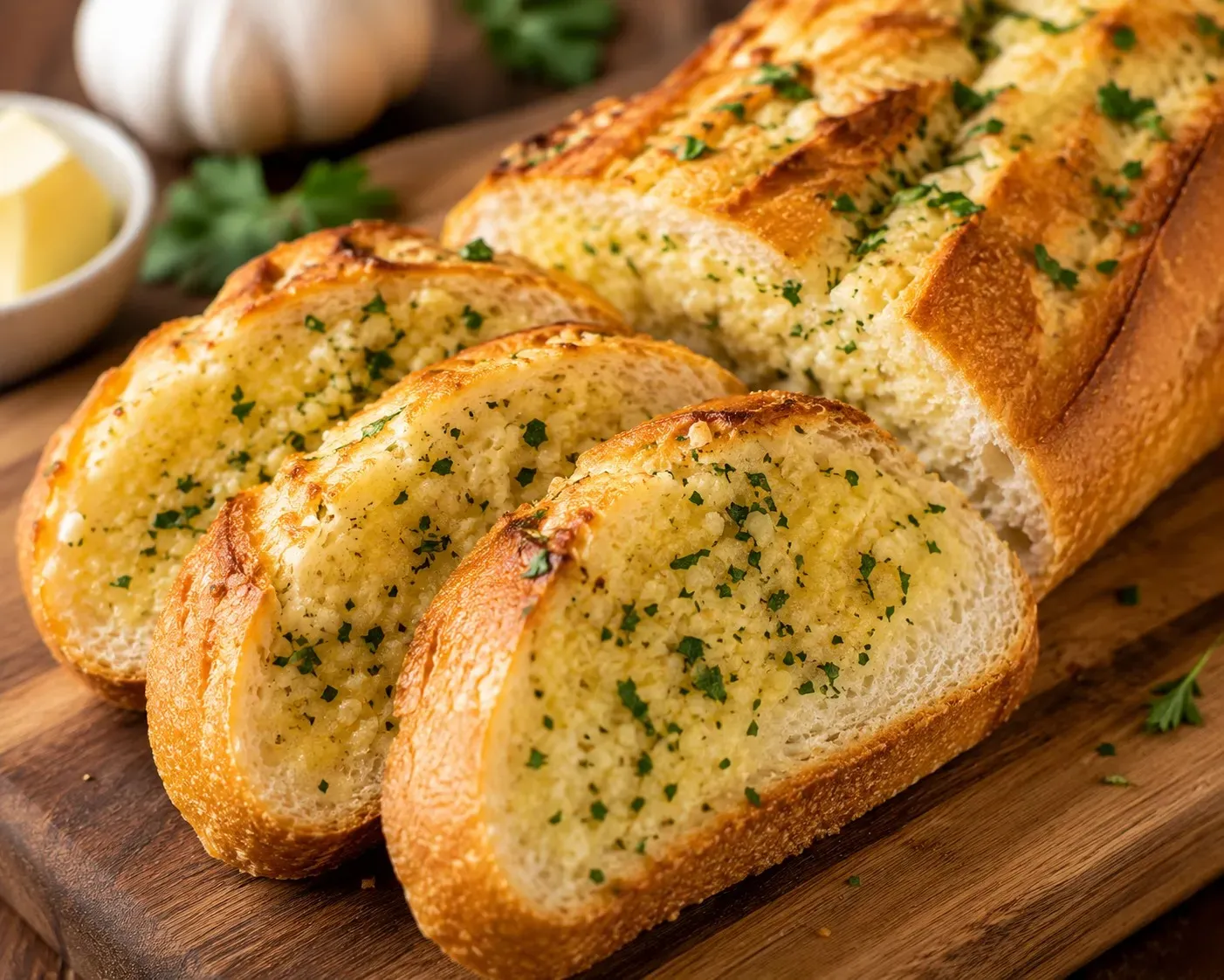 Slices of homemade garlic bread with butter, parsley and Parmesan on a board