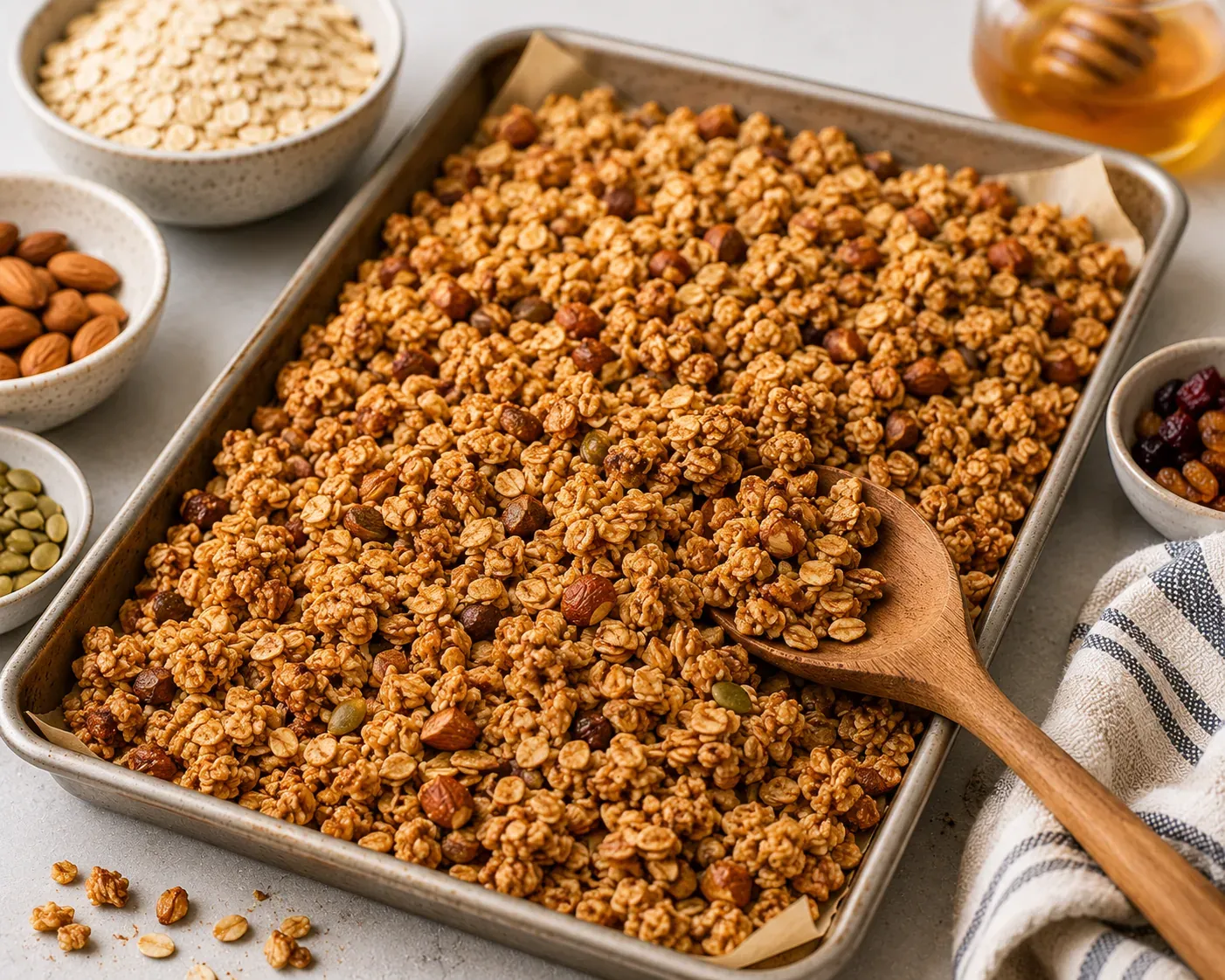 A tray of golden homemade granola clusters with almonds, seeds and dried fruit alongside