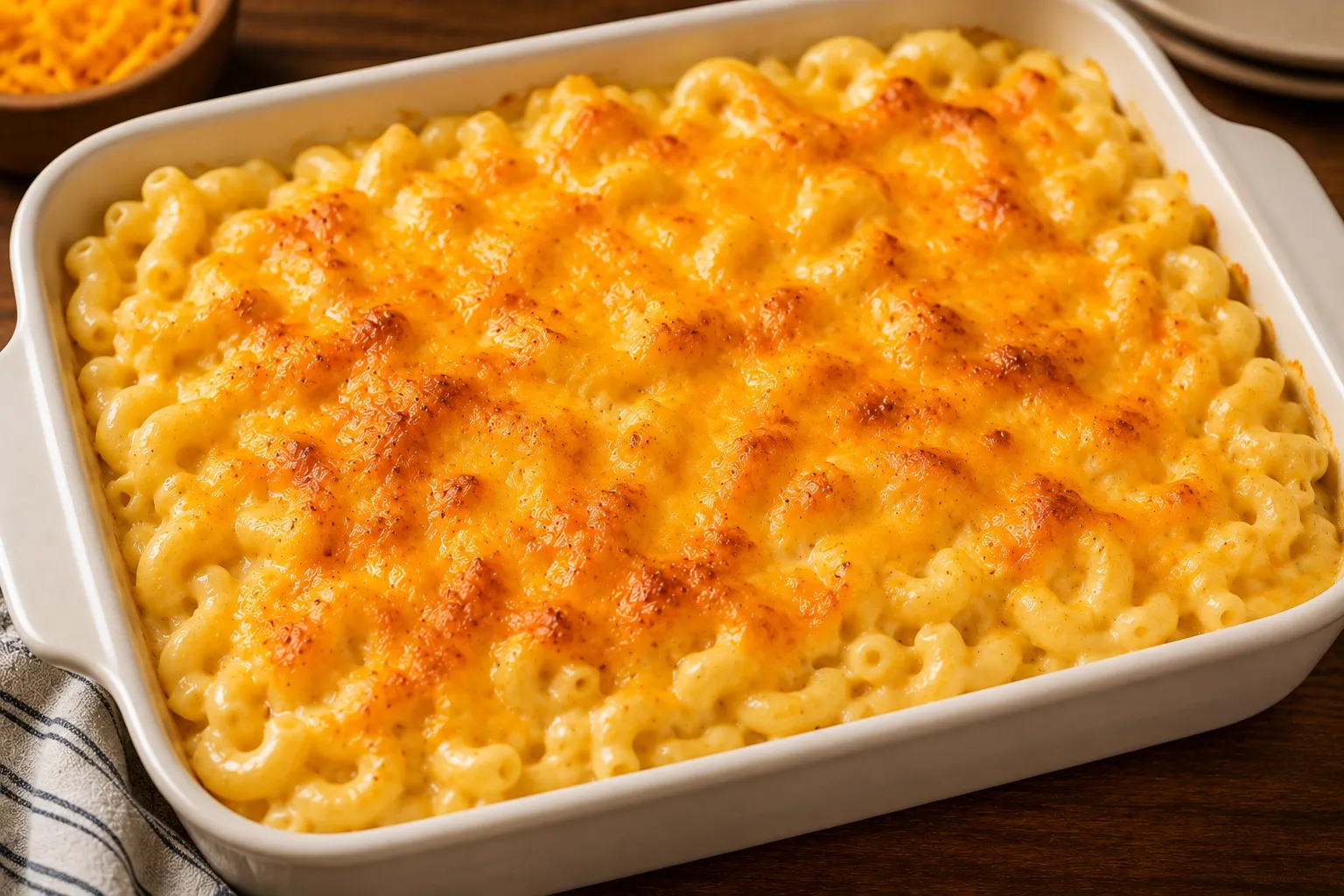 A dish of creamy macaroni and cheese with a golden cheddar top