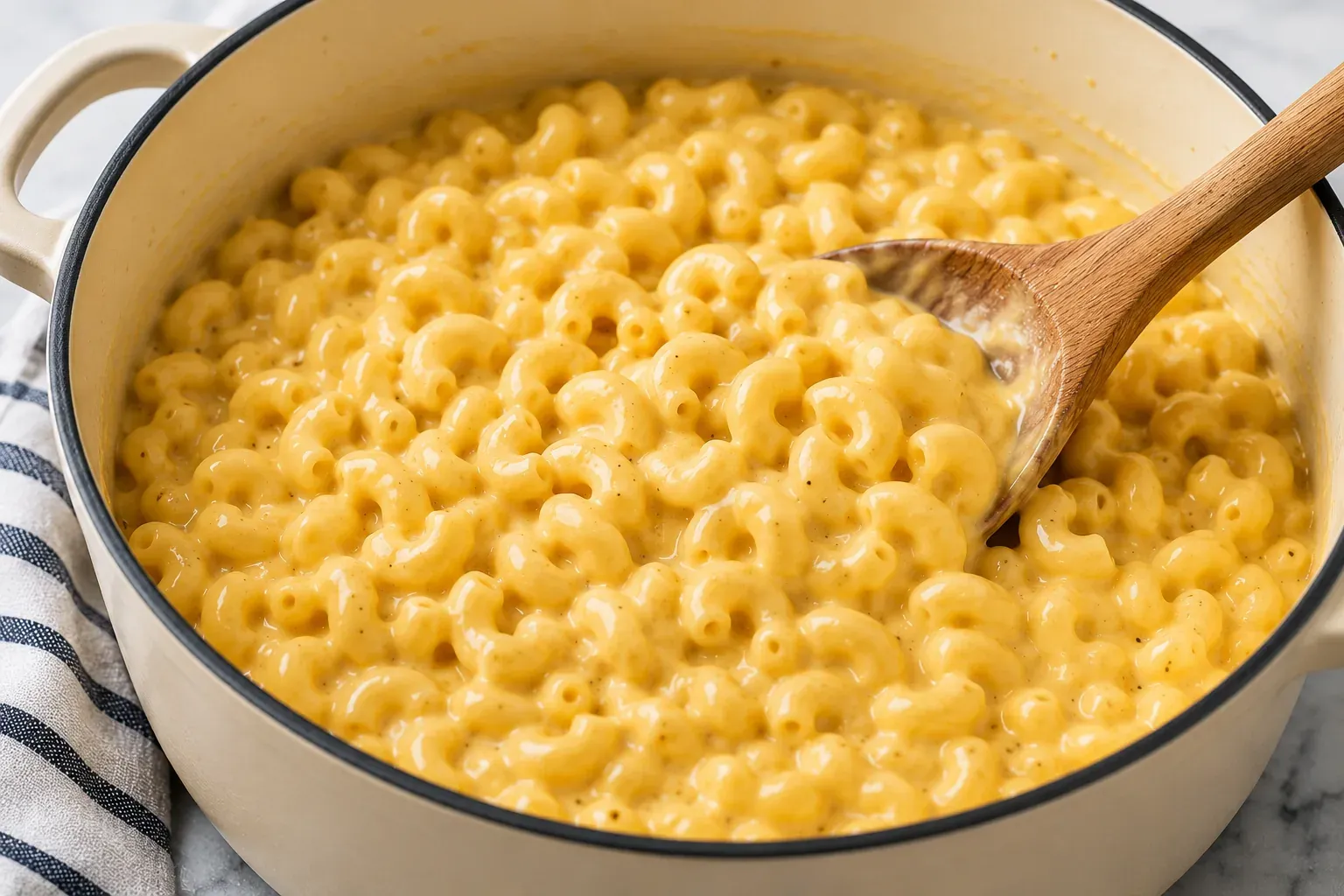 A dish of creamy macaroni and cheese with a golden cheddar top