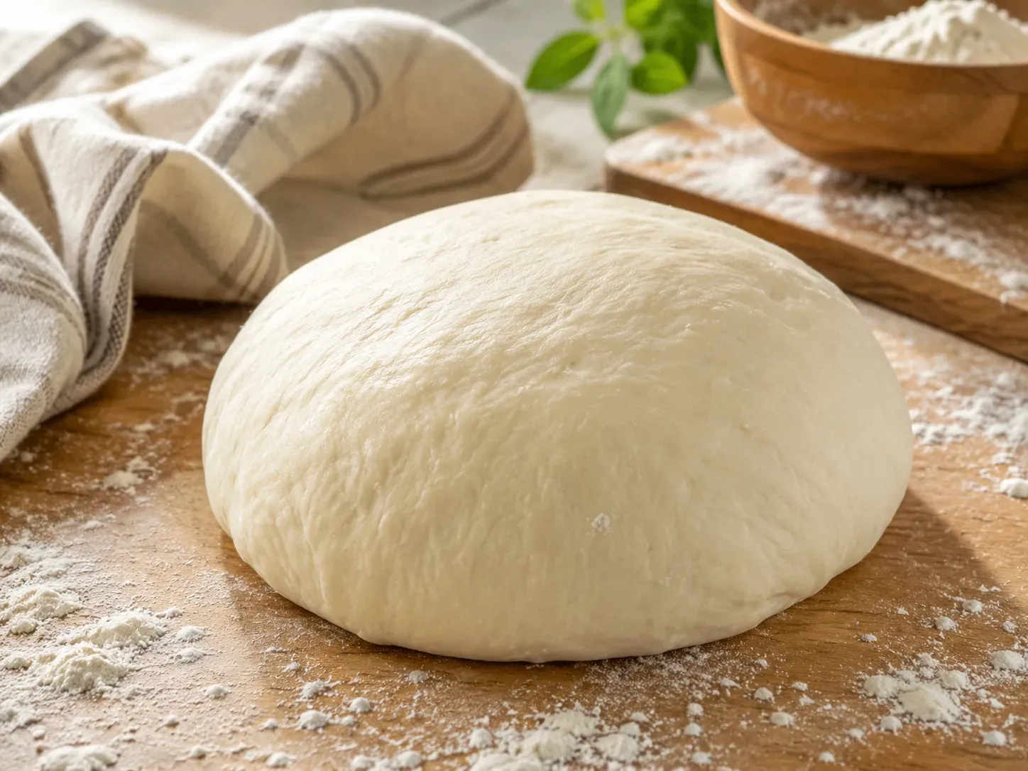 A smooth ball of pizza dough resting on a floured wooden board with a bowl of flour behind