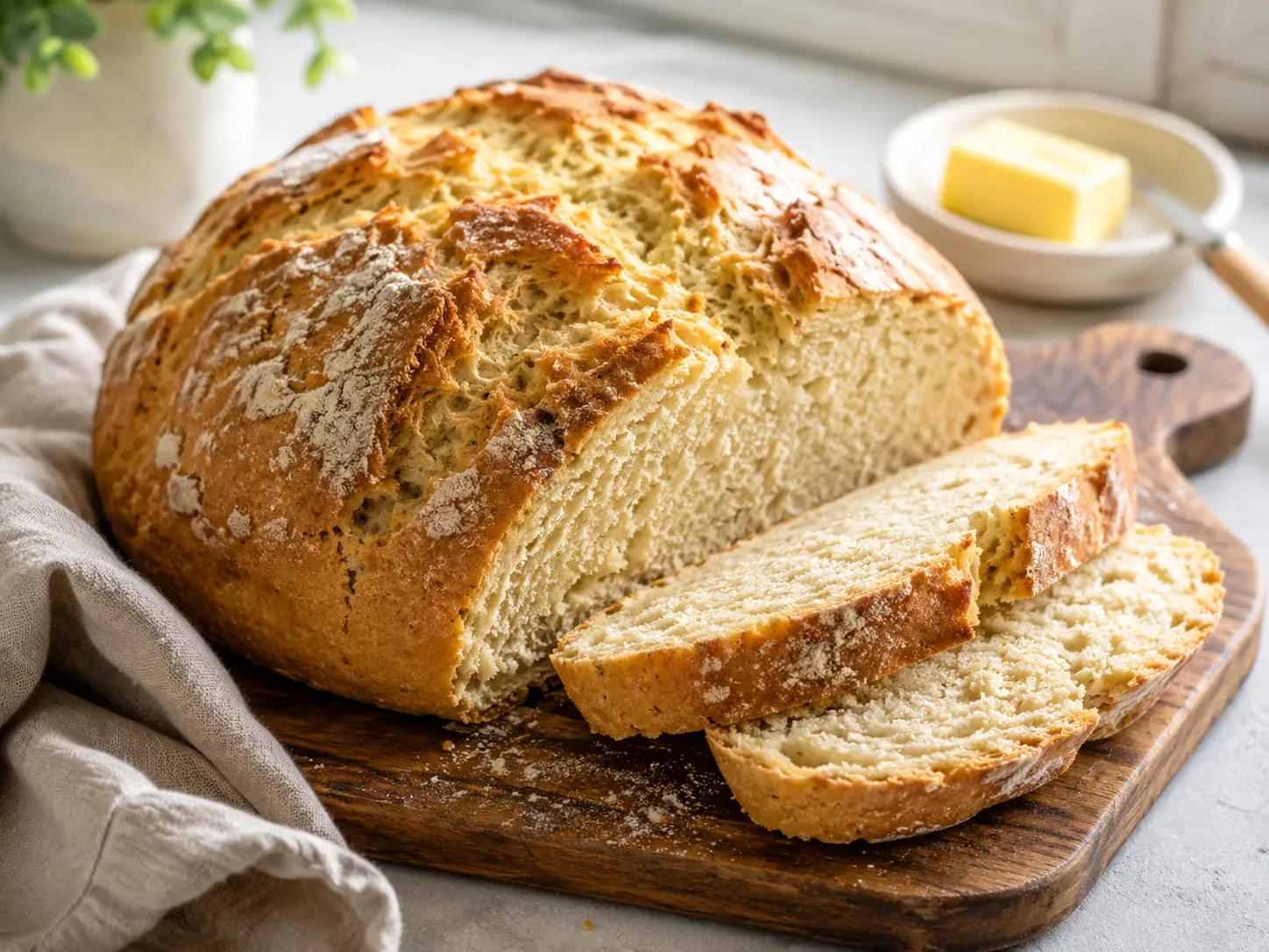 A round Irish soda bread with a deep cross cut in the top, partly sliced on a wooden board