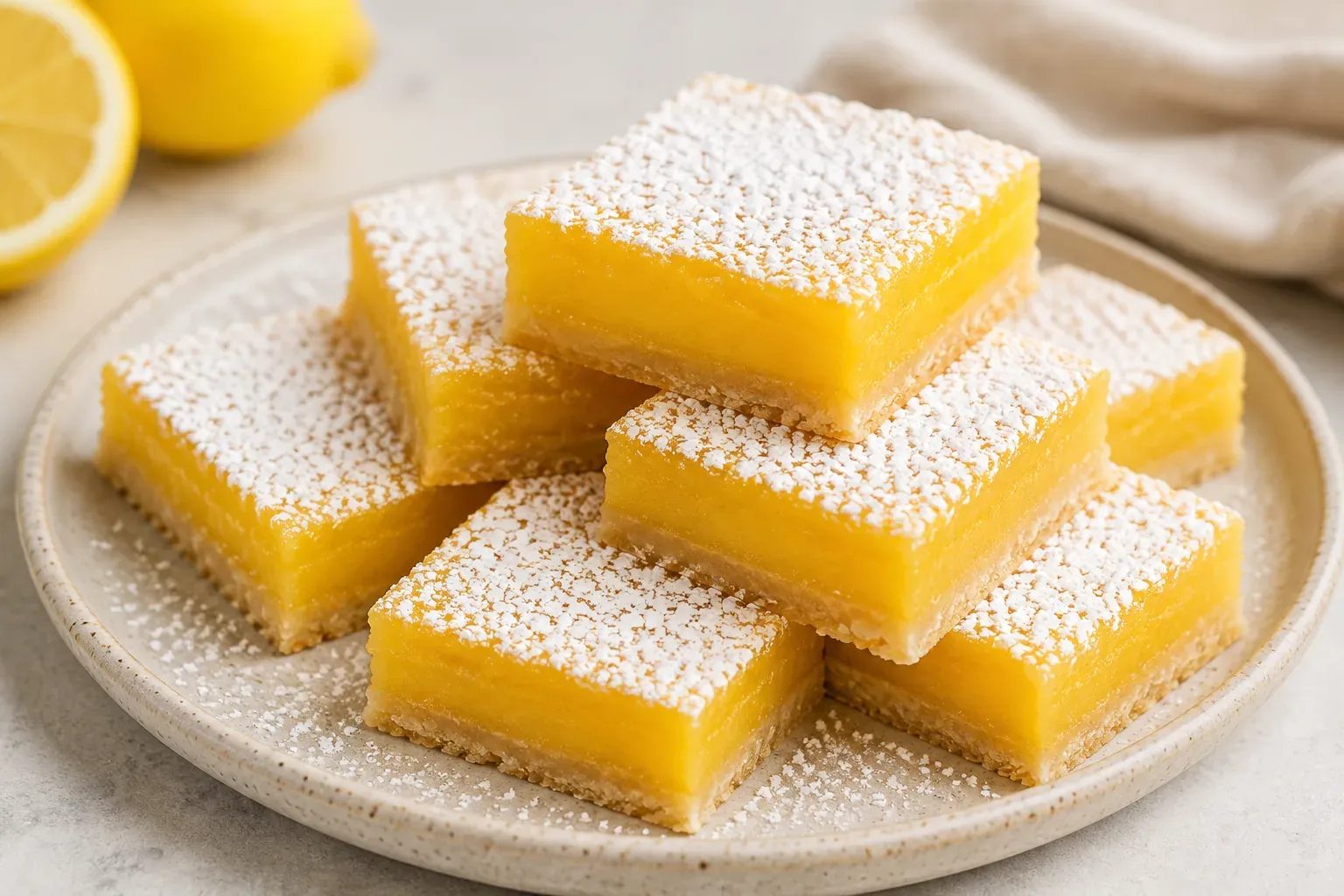Lemon bars dusted with icing sugar on a ceramic plate, with fresh lemons alongside