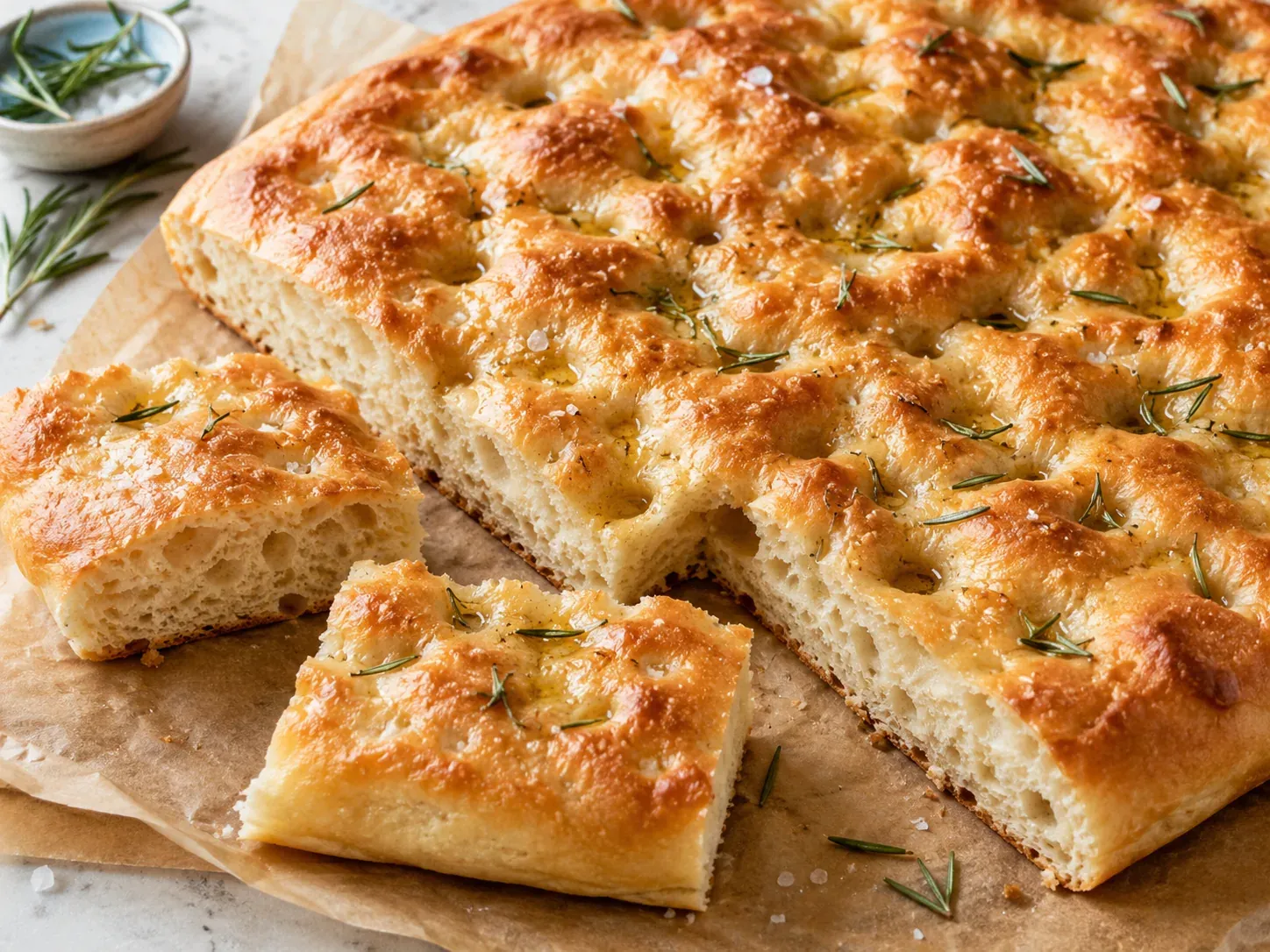 A pan of dimpled golden focaccia topped with rosemary and flaky salt, with slices cut away
