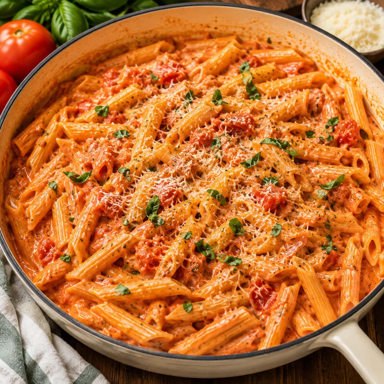 A pan of one-pot creamy tomato penne topped with Parmesan and fresh basil