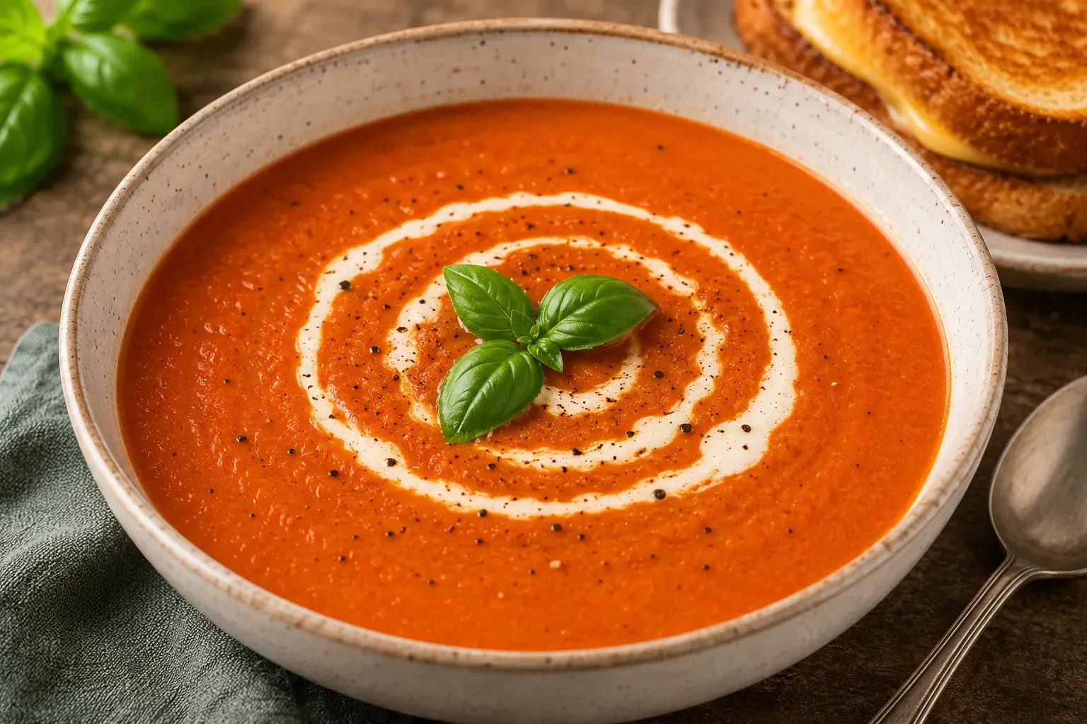 A bowl of creamy tomato soup swirled with cream and topped with fresh basil, with grilled cheese alongside