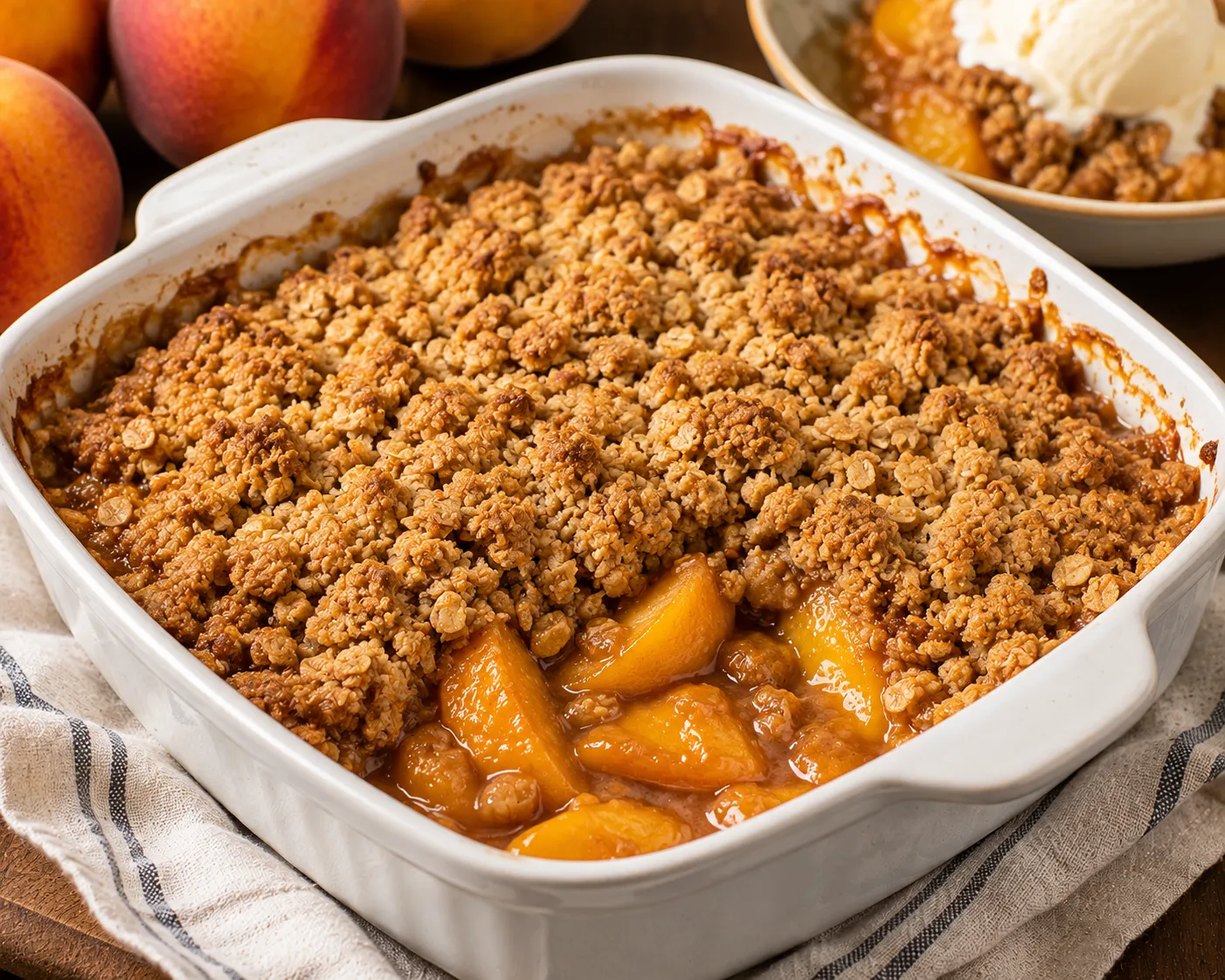 A baking dish of peach crisp with a golden oat topping and bubbling peach filling