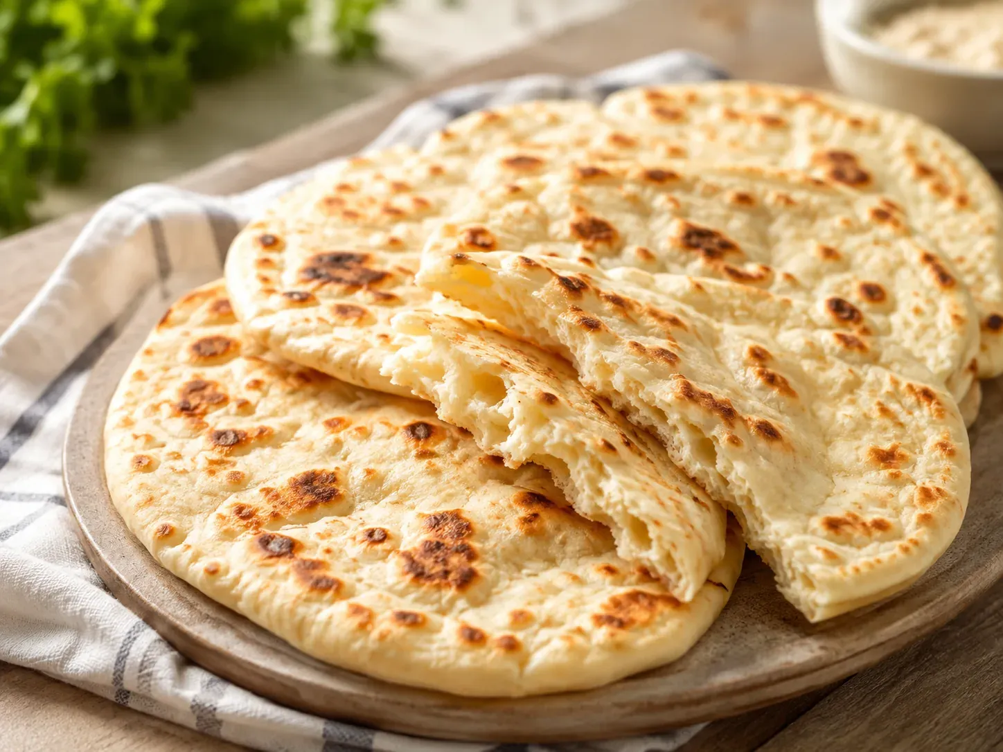 A stack of soft skillet flatbreads with charred spots, one torn open to show a soft interior
