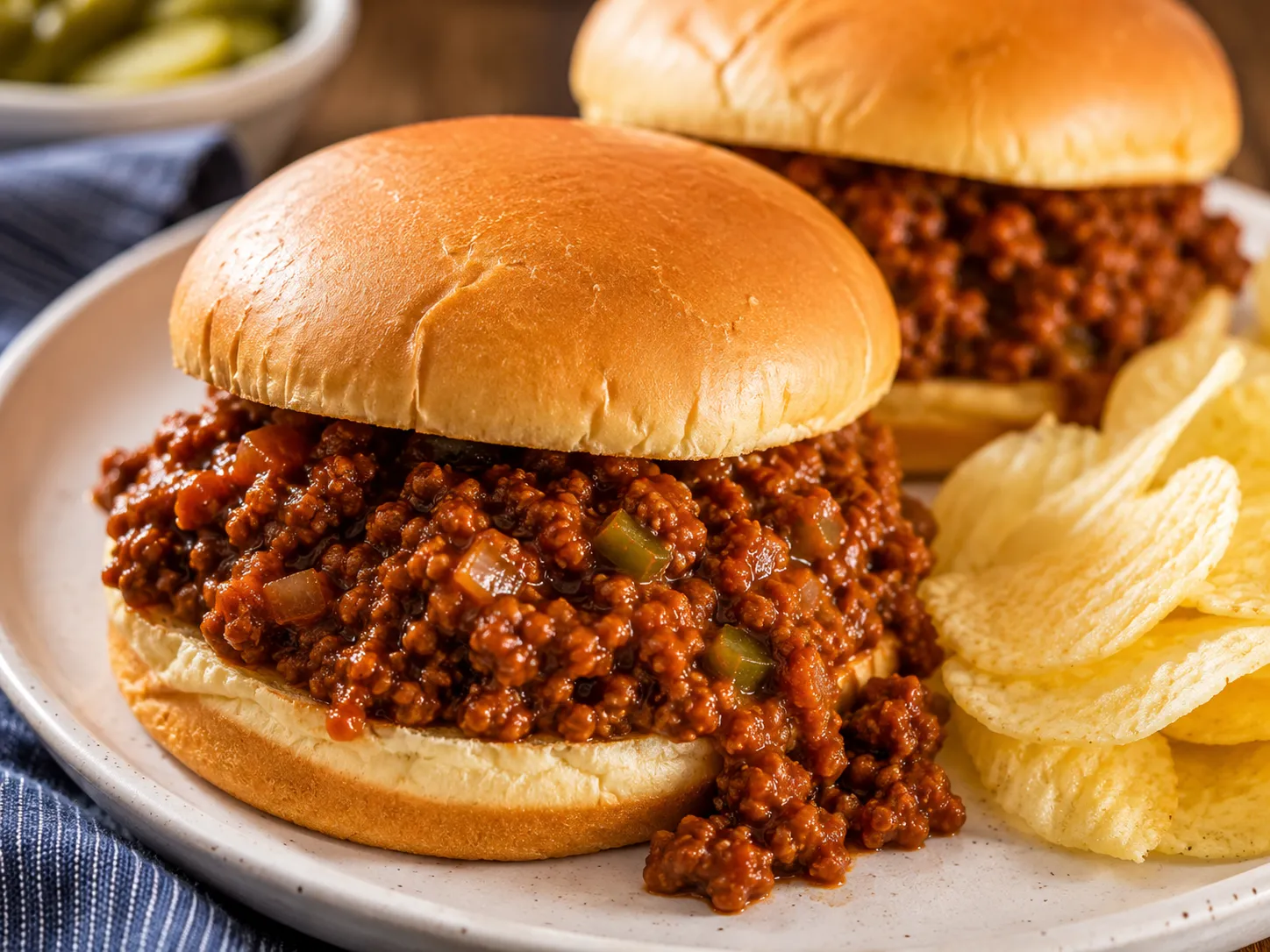 Two sloppy joe sandwiches on soft buns served with potato chips and pickles