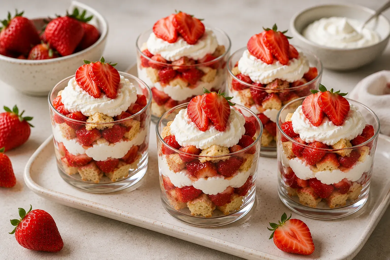 Glass cups layered with biscuit pieces, strawberries and whipped cream, topped with a halved strawberry
