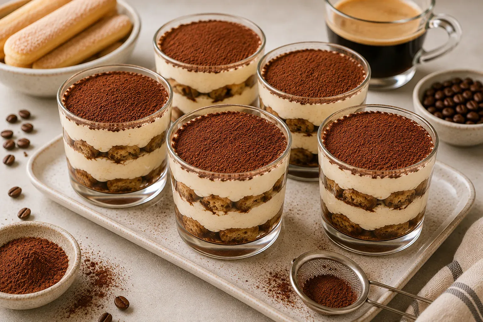 Glass cups of tiramisu layered with mascarpone cream and ladyfingers, dusted with cocoa powder