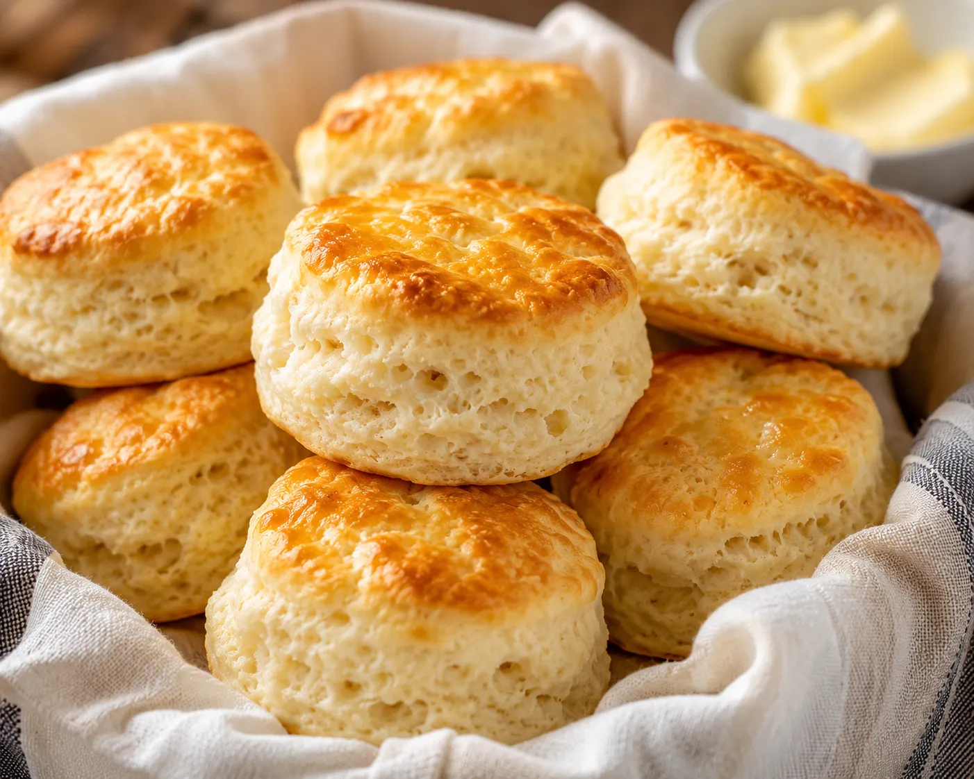 A basket of tall golden buttermilk biscuits with flaky layers, with butter alongside