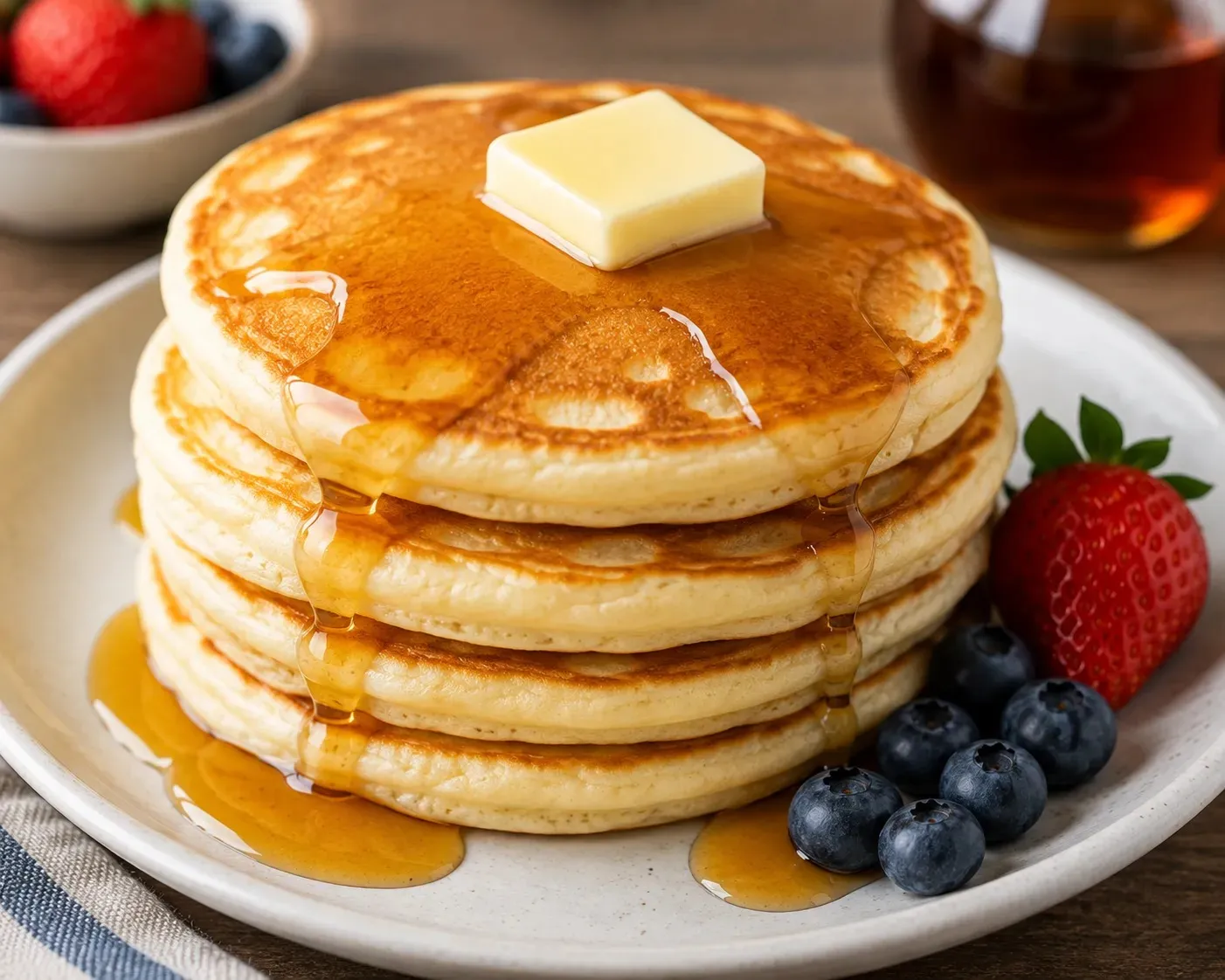 A stack of fluffy homemade pancakes with butter and maple syrup, berries alongside