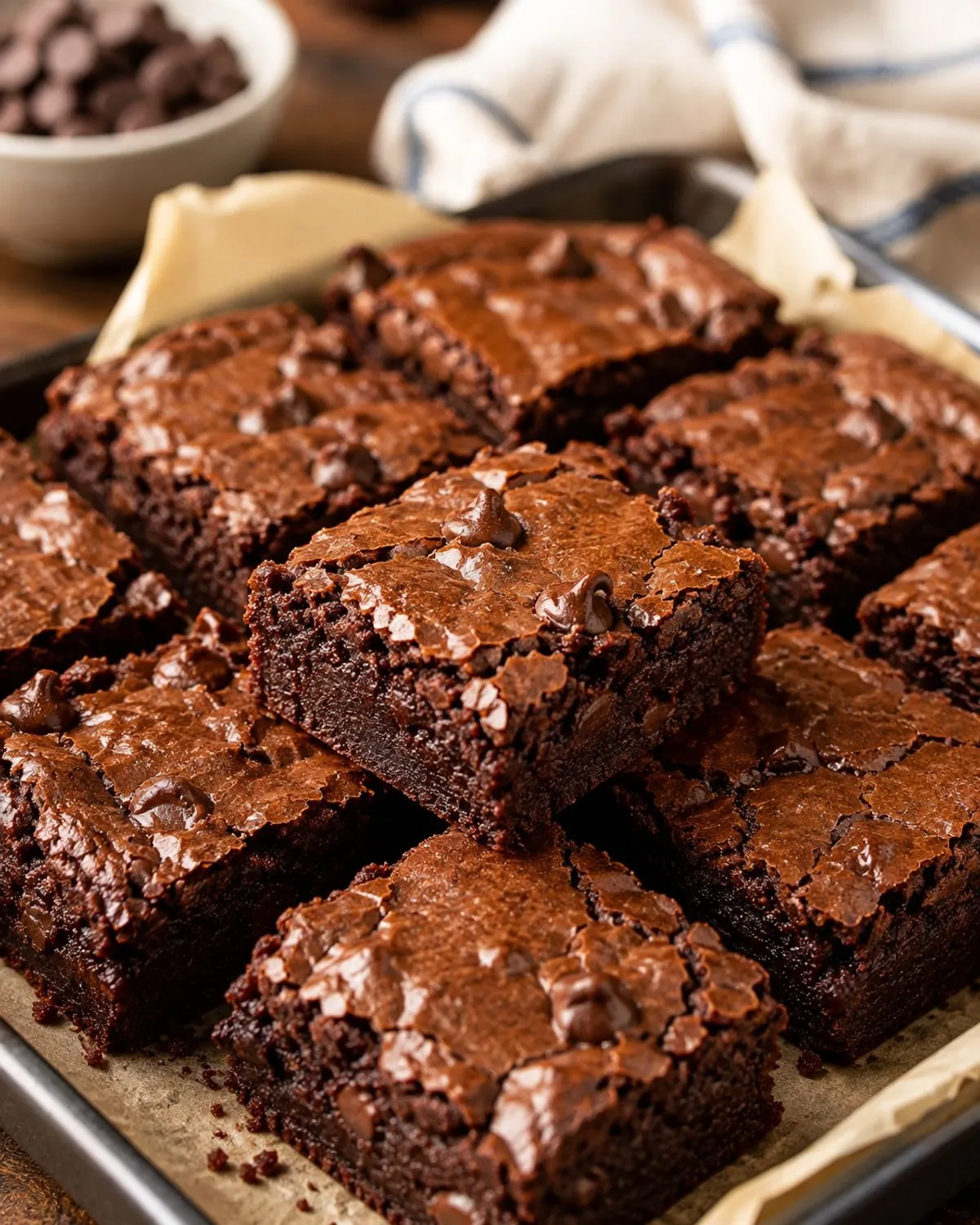 Fudgy chocolate brownies cut into squares on a lined baking tray