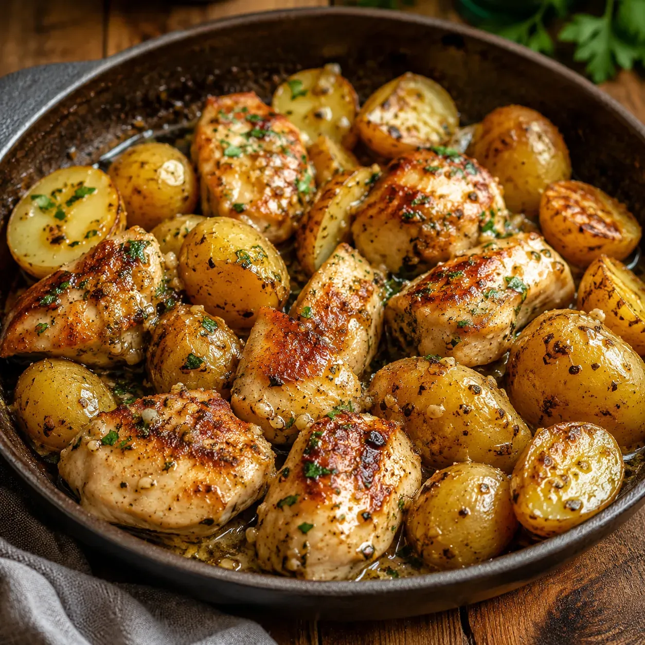 A skillet of browned chicken pieces and halved baby potatoes coated in garlic butter and parsley