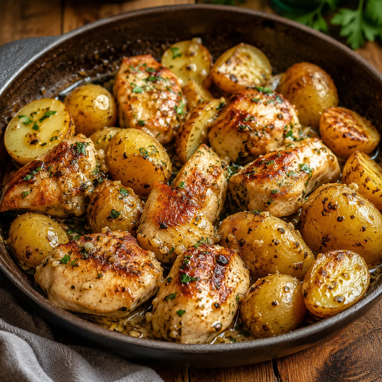 A skillet of browned chicken pieces and halved baby potatoes coated in garlic butter and parsley
