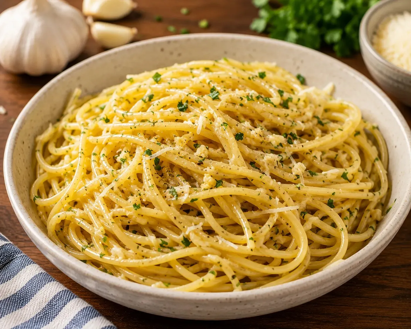 A bowl of garlic butter noodles tossed with Parmesan and parsley