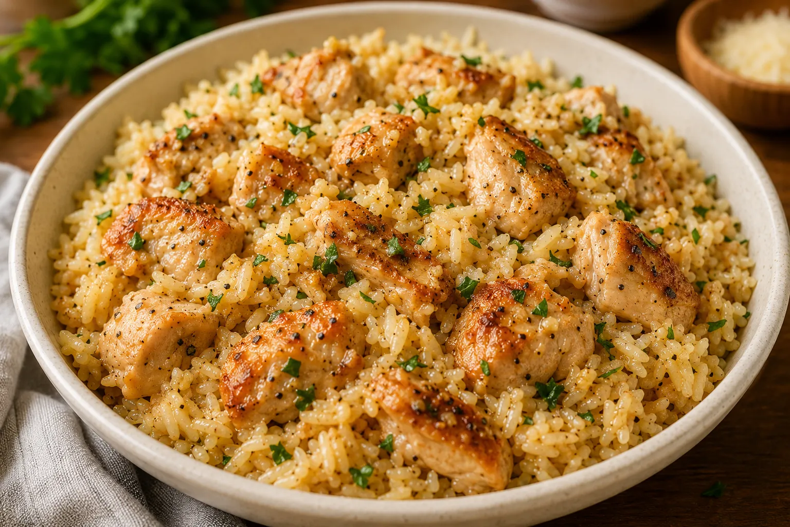 A bowl of golden Parmesan rice with browned chicken pieces and chopped parsley