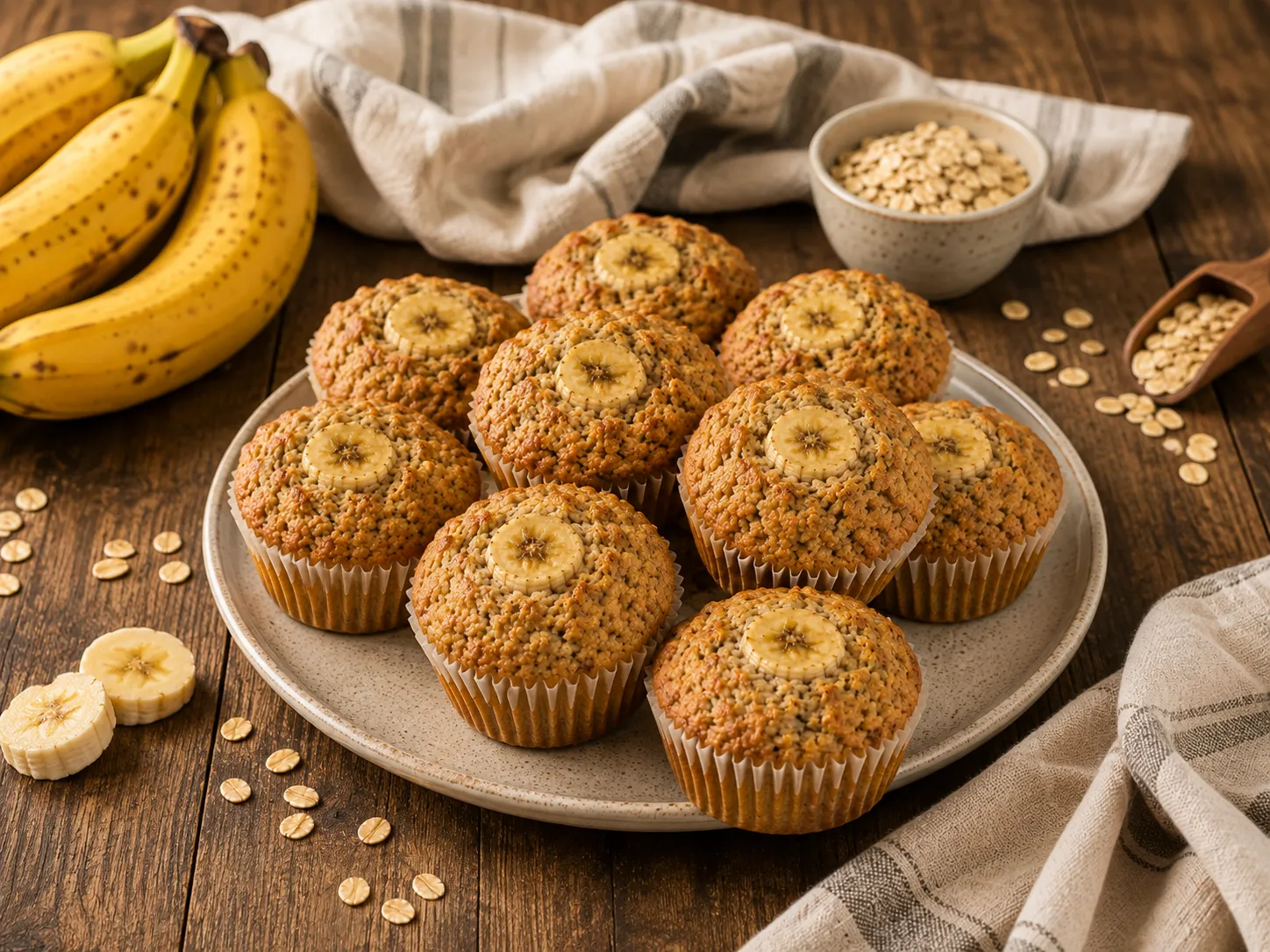 A plate of gluten-free banana muffins topped with banana slices, with oats and bananas nearby