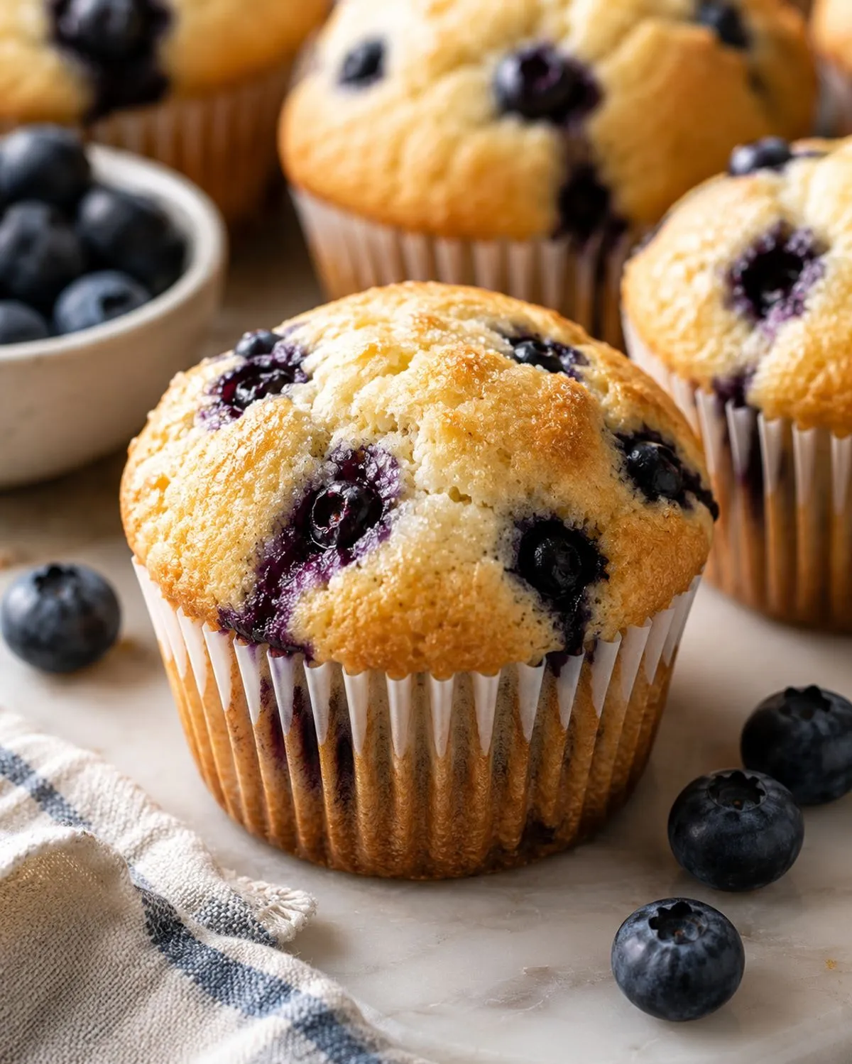 Gluten-free blueberry muffins in paper liners, one in front of a tray of others