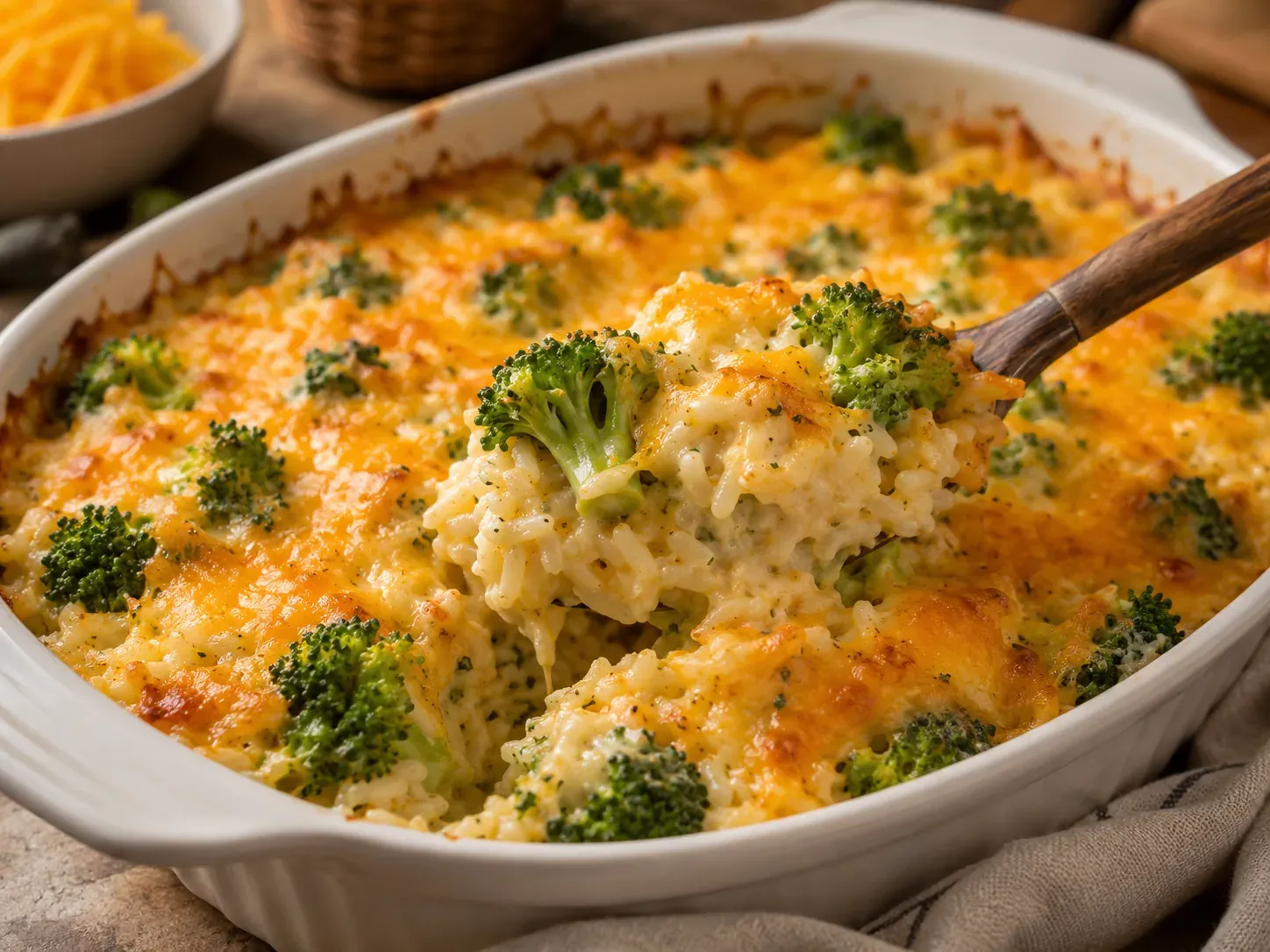 A baking dish of cheesy broccoli rice casserole with a golden cheddar top and a spoon lifting a portion
