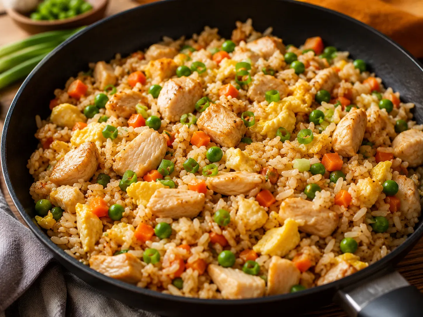 A skillet of chicken fried rice with peas, carrots, egg and sliced green onions