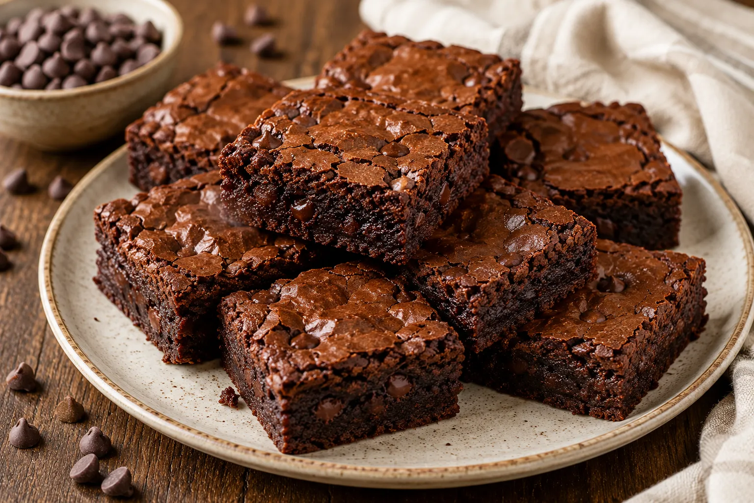 A plate of stacked fudgy gluten-free brownies with crackly tops and chocolate chips