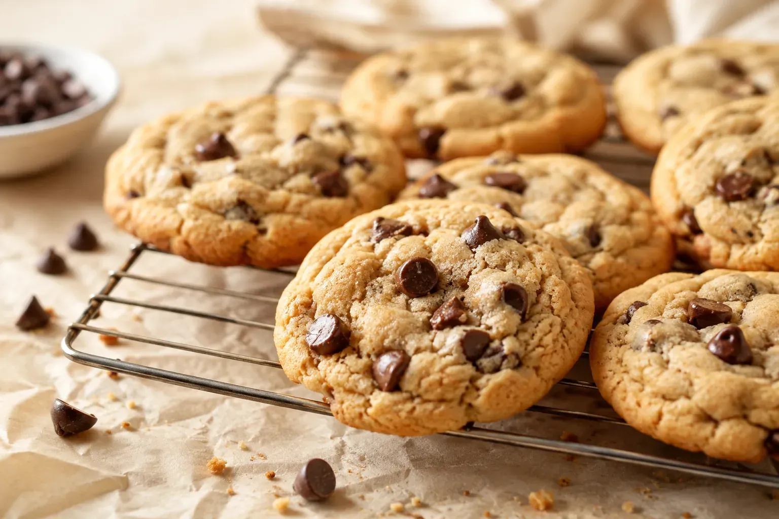 A plate of golden gluten-free chocolate chip cookies with a glass of milk behind