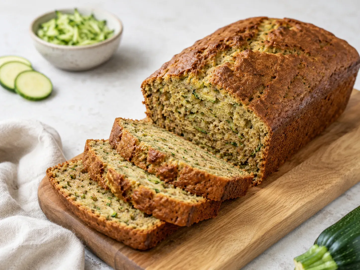 A sliced loaf of gluten-free zucchini bread on a wooden board with shredded zucchini and a whole zucchini nearby