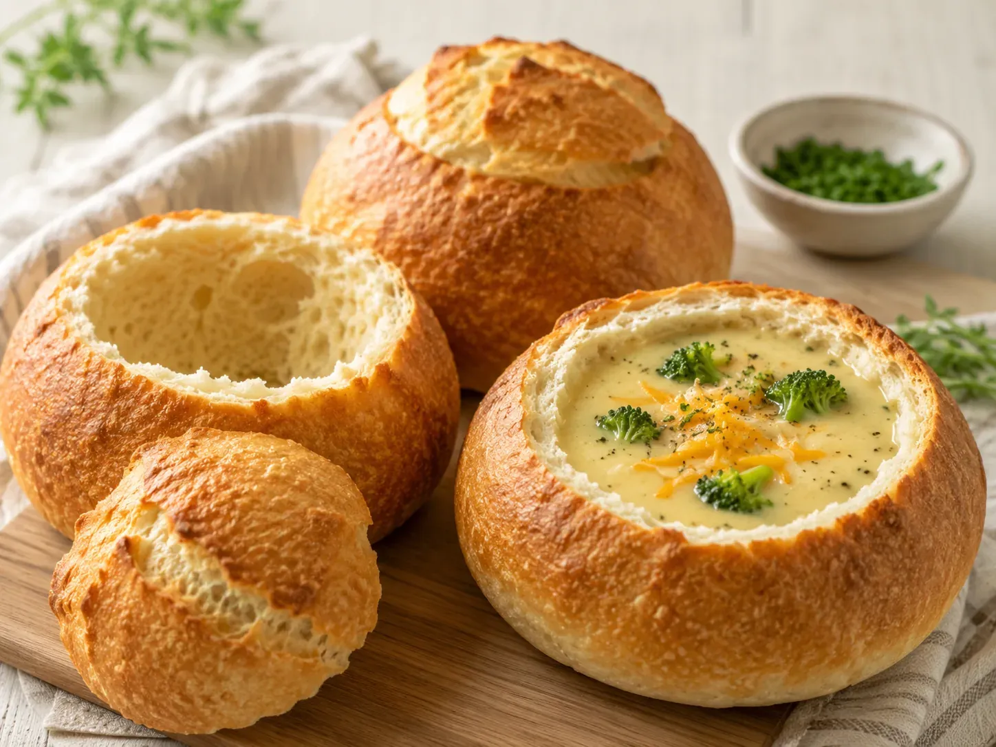 Three round bread bowls on a wooden board, one hollowed and filled with creamy soup