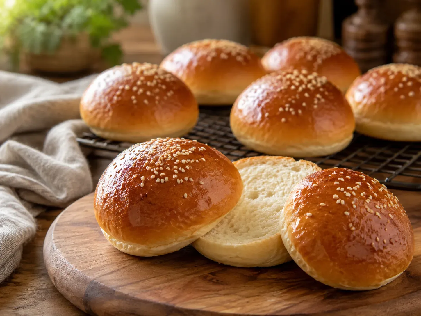 Sesame-topped burger buns on a wooden board with one split to show a soft white crumb