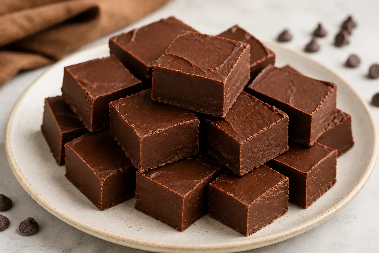 Squares of dark chocolate fudge stacked on a cream plate