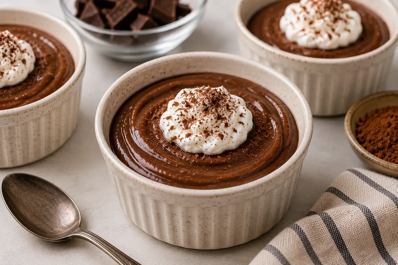 Ramekins of chocolate pudding topped with whipped cream and grated chocolate, with cocoa powder alongside