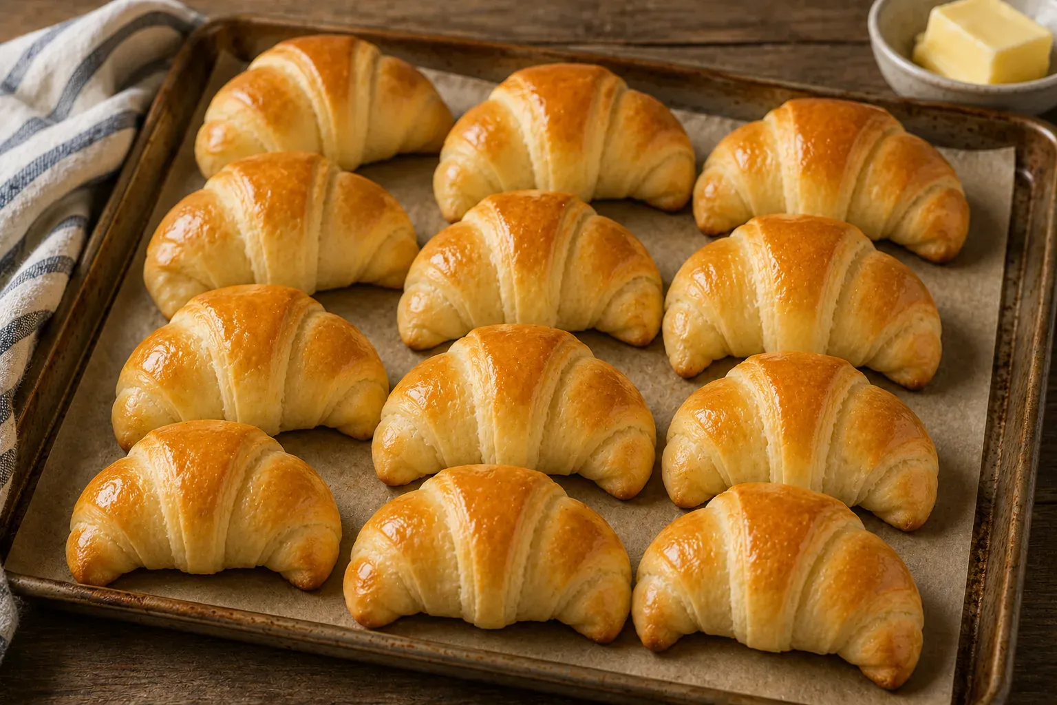 A tray of golden crescent rolls fresh from the oven with a dish of butter alongside