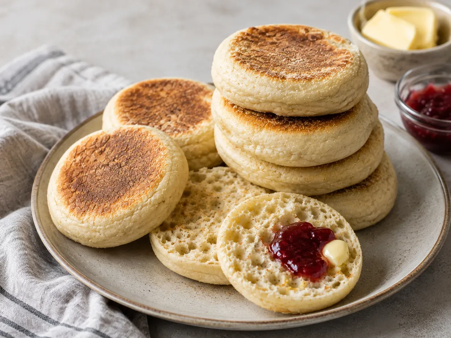 A stack of English muffins on a plate with one split open to show the open crumb, with butter and jam