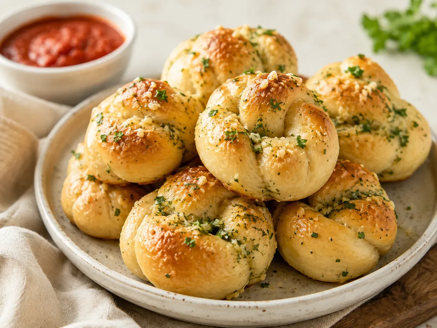 A plate of golden garlic knots scattered with parsley and Parmesan, with a bowl of marinara alongside