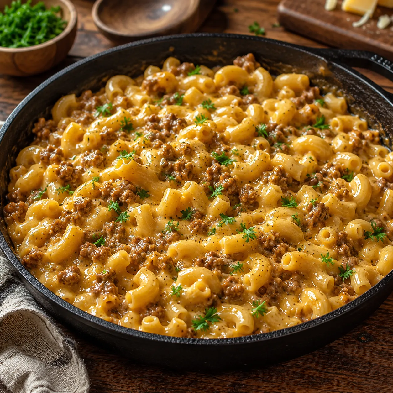 A skillet of macaroni and ground beef in a creamy cheddar sauce with chopped parsley