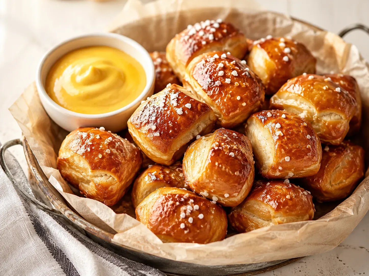 A tray of golden pretzel bites topped with coarse salt, with a bowl of cheese sauce alongside
