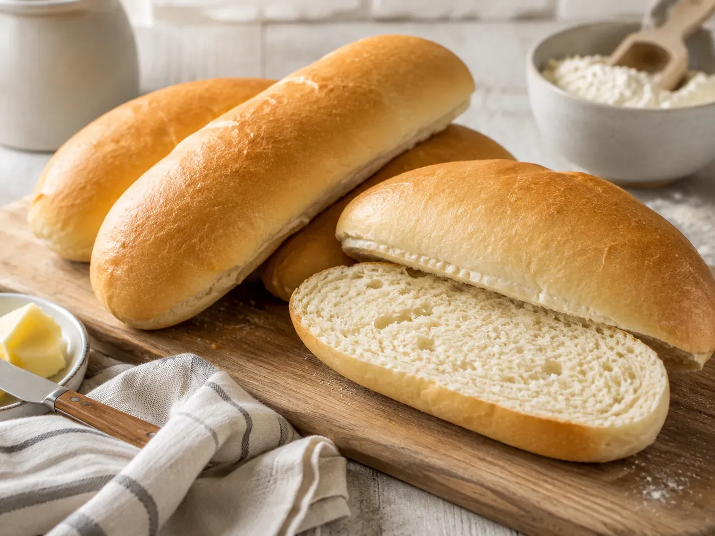 Golden sub rolls on a wooden board with one sliced lengthwise to show a soft interior
