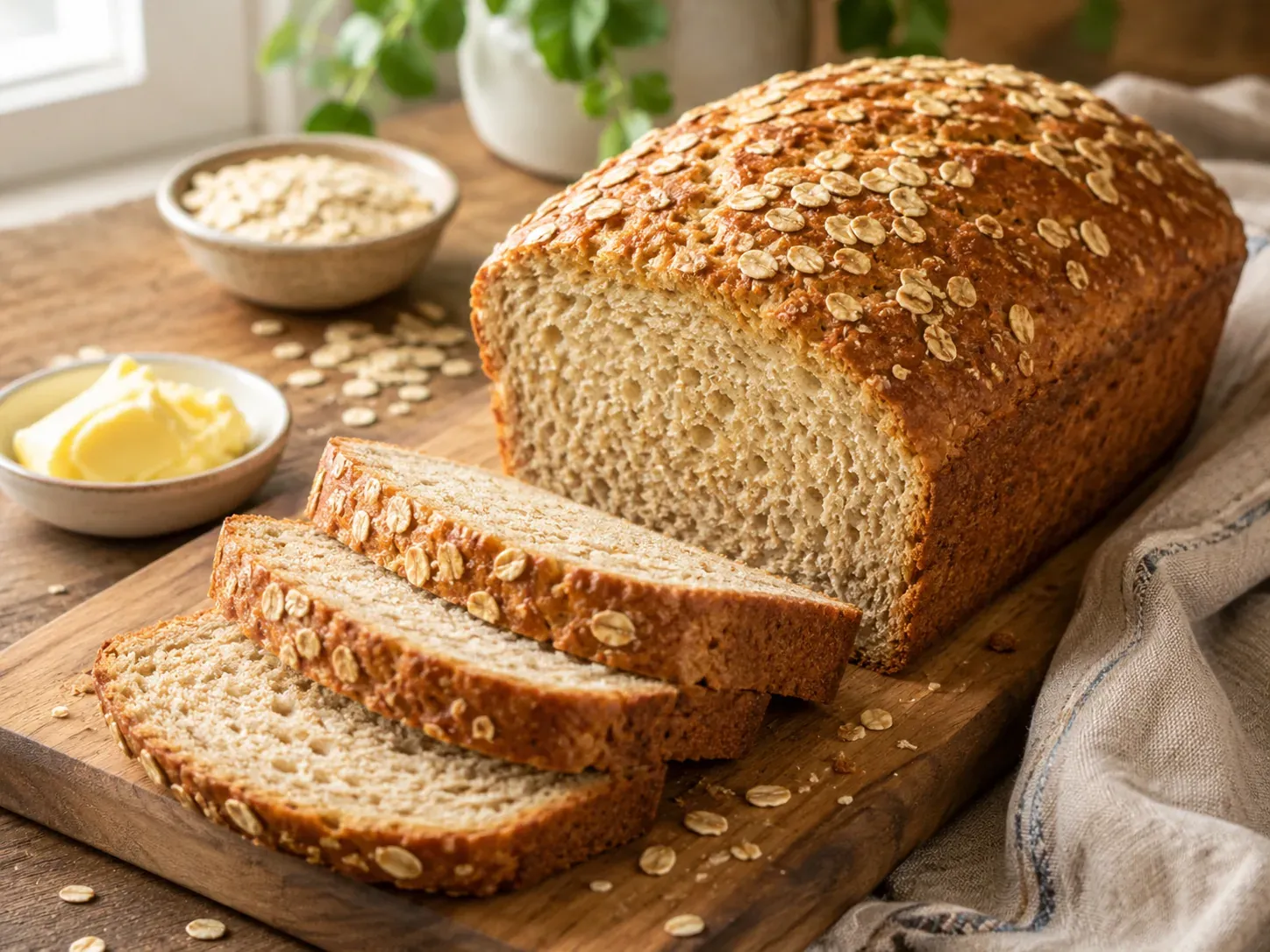An oat-topped honey loaf on a wooden board, partly sliced, with butter and a bowl of oats nearby