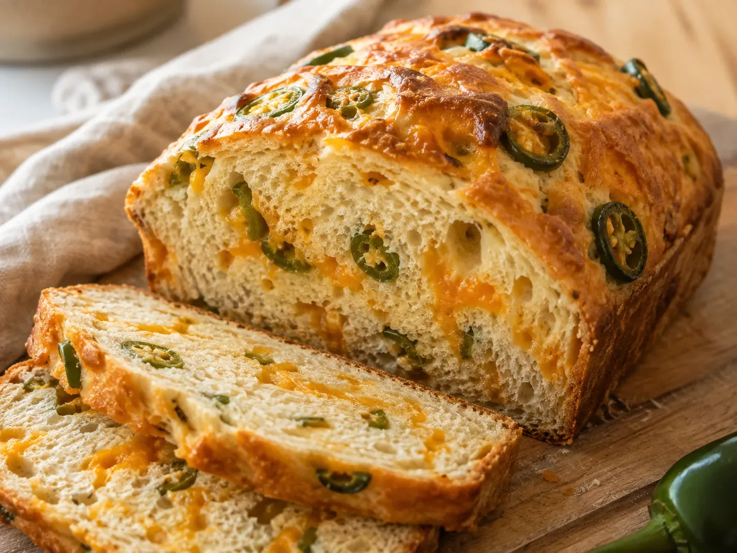 A loaf of jalapeño cheddar bread with melted cheese on the crust and jalapeño slices through the crumb, two slices cut