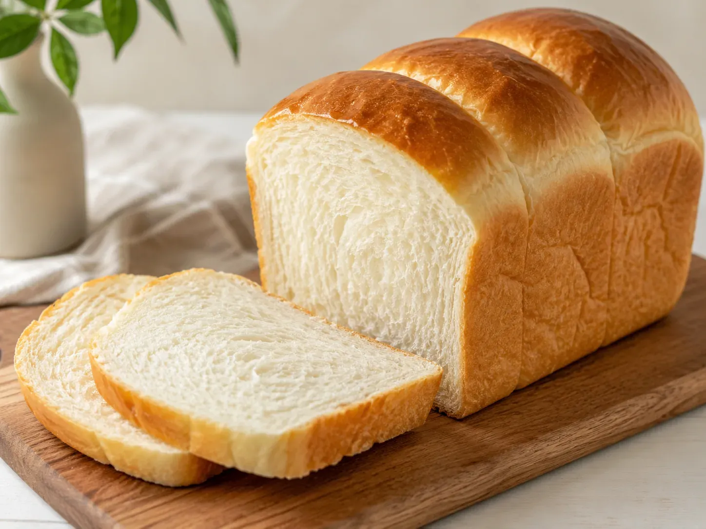 A golden Japanese milk bread loaf on a wooden board with two soft slices cut from it